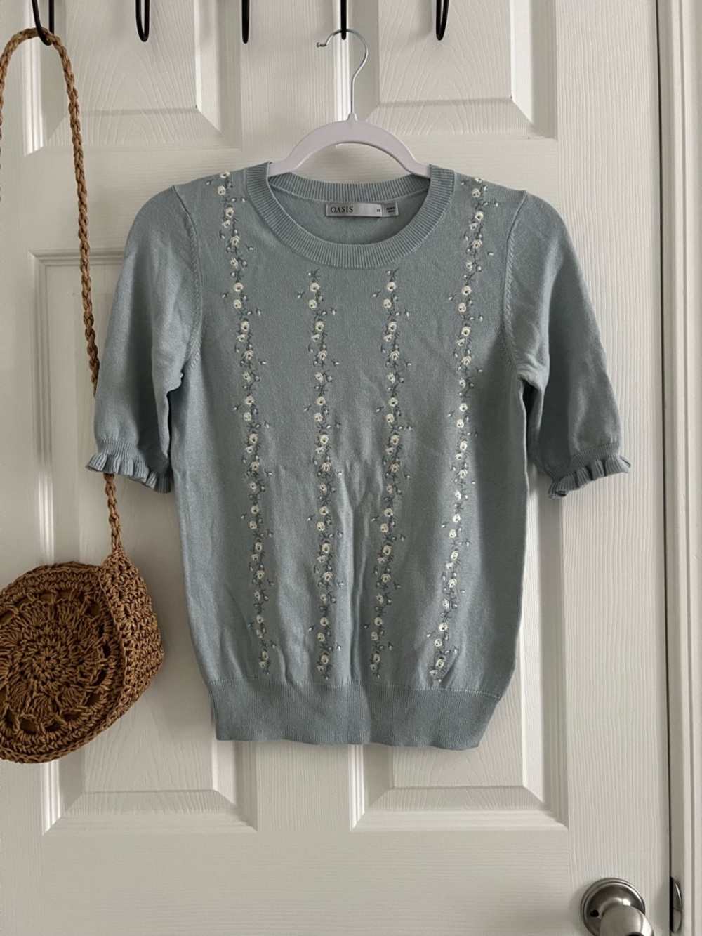 Oasis embroidered floral knitted sweater in light blue